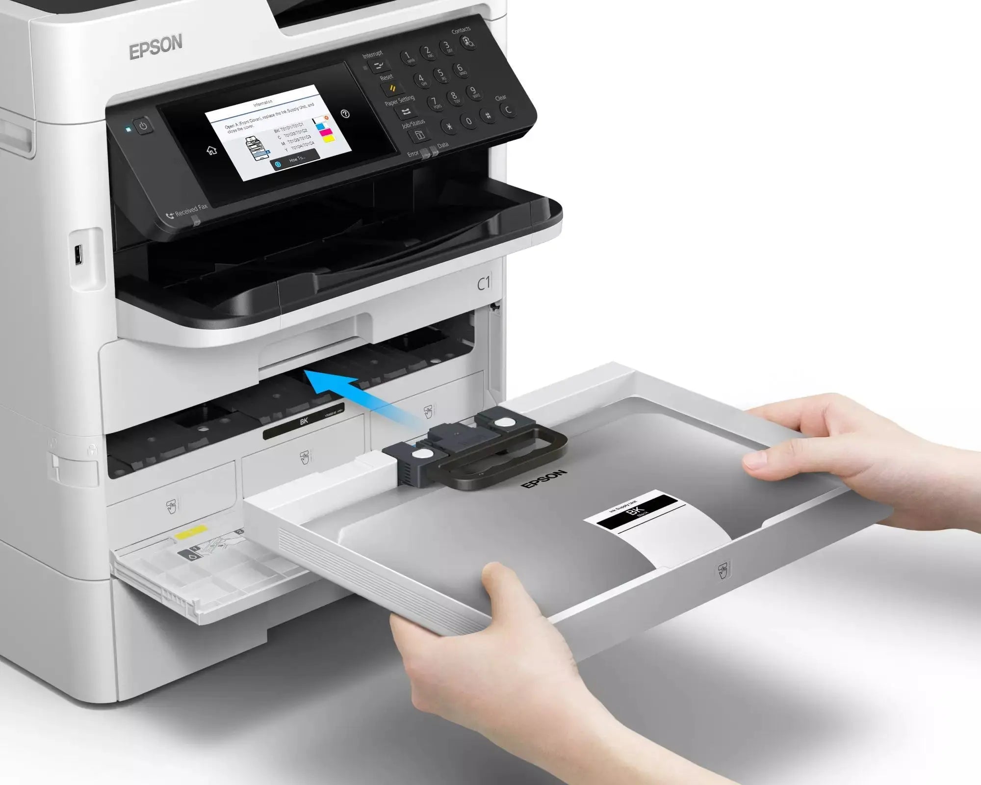 Sostituzione del serbatoio di inchiostro ad alta capacità nella Epson WorkForce Pro WF-C579R, ottimizzando la produttività e riducendo i tempi di fermo. Sostituzione del serbatoio di inchiostro ad alta capacità nella Epson WorkForce Pro WF-C579R, ottimizzando la produttività e riducendo i tempi di fermo.